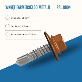 Wkręt farmerski do metalu 5,5X25 mm przewiercalność 5 mm w kolorze RAL 8004